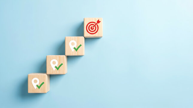 Wooden blocks stacked as a staircase with location pin icons and a target icon on top, business goal achievement concept