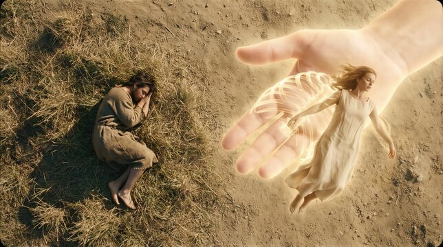 Divine creation of woman from rib of man in biblical story of Genesis. God hand light forming woman while man sleeps on ground. Religious mythological art and spiritual concept.
