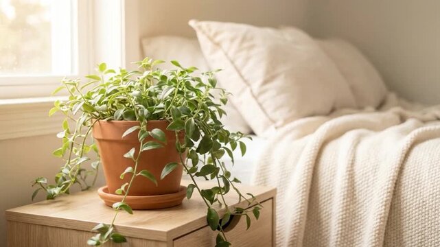 Cozy bedroom corner with a lush houseplant in a terracotta pot beside a neatly made bed and soft natural light.