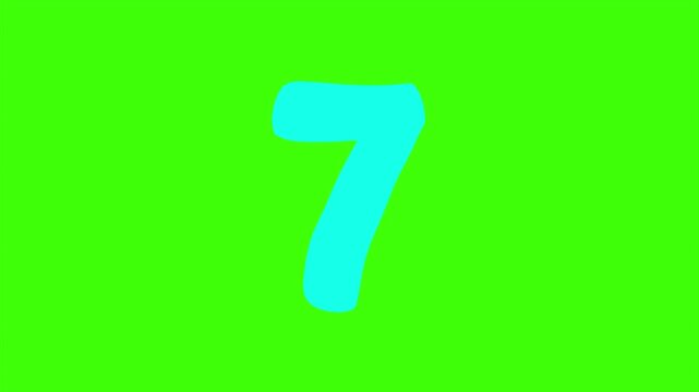 A Bright Turquoise Cartoon Number Seven Isolated 4k stock animation video on a green screen background for chroma key background for video editing.