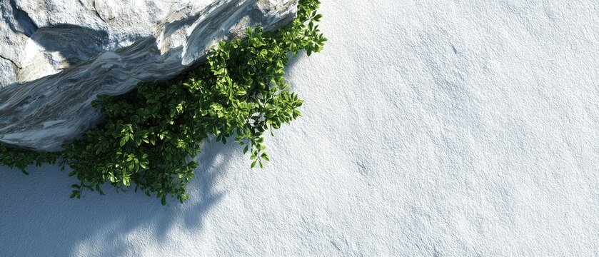 Green ivy on white stucco wall with stone ledge