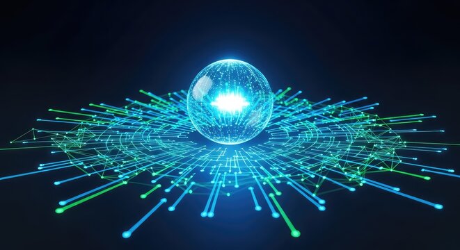 A digital representation of a glowing sphere surrounded by intricate networks of light and data nodes in vibrant hues of blue and green, flow, tech, cyberspace