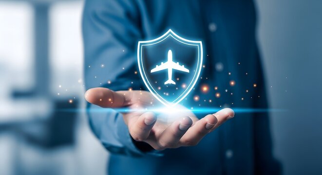 Businessman holding glowing shield protecting airplane for travel insurance concept