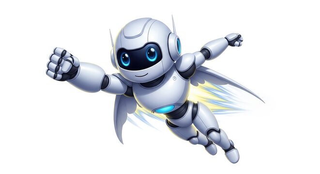A friendly white robot character flying through the air in a heroic pose, isolated on a clean white background for easy cutouts and design, illustration, simple, motion