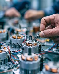 Obraz premium Closeup view of workers fitting carbon brushes into small appliance motors highlighting detailed craftsmanship in a clean factory setting.
