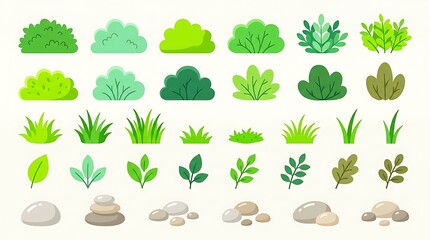 Fototapeta premium Collection of Greenery and Stones for Nature and Garden Design.