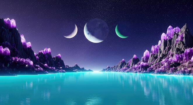 A glowing fantasy lake nestled between towering crystal mountains under a sky filled with multiple moons and bright shimmering magical stardust, magical, ethereal, forest