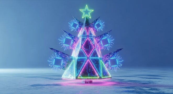 A glowing neon Christmas tree stands in a frozen landscape, featuring holographic branches and intricate geometric circuit board snowflakes, fir, pine, night