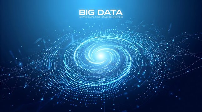 Big data visualization with glowing blue spiral, digital background