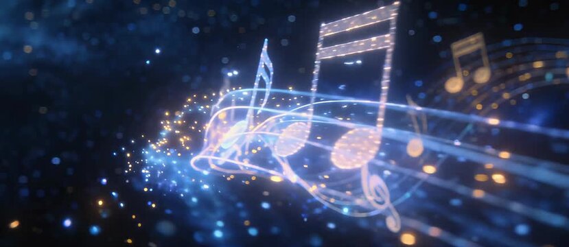 Sparkling musical notes and glowing particles dancing in a celestial, cosmic, and artistic visual representation of music and sound waves