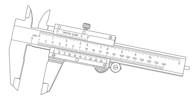 Technical line drawing of a vernier caliper measurement tool