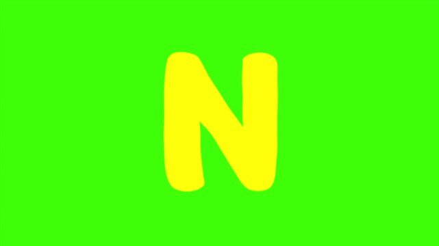A Vibrant Yellow Cartoon Letter N Isolated 4k stock animation video on a green screen background for chroma key background for video editing.