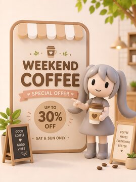 Cute pastel 3D character promoting weekend coffee special offer discount