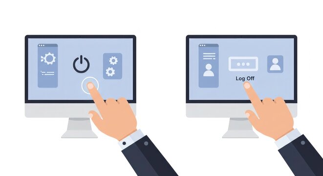 Illustration of a hand clicking power off and log off buttons.