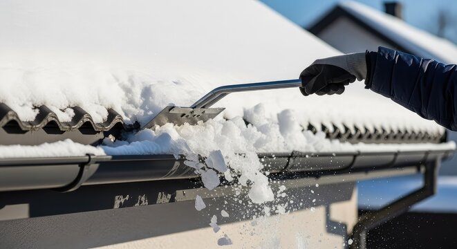 A metal tool removes heavy white snow and ice buildup from a house roof gutter during the cold winter season to prevent water damage, aluminum, edge, hardware