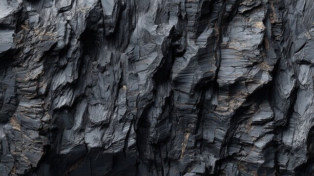Dark, textured rock face displays pronounced geological stratification and rugged surfaces.