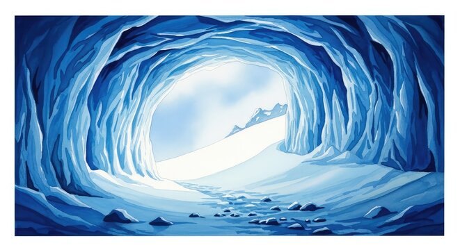 A peaceful watercolor painting depicts a frozen cave opening onto a snowy slope, bathed in serene blue tones and soft wintry light shadows, ridge, frozen, texture