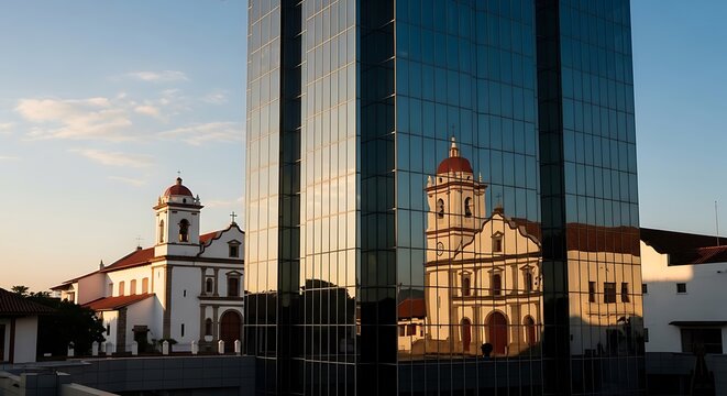 Colonial church reflected in modern glass skyscraper office building facade
