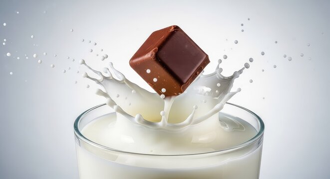 A rich dark chocolate cube falls into a glass of fresh white milk, creating a dynamic crown-shaped splash with droplets flying in the air, crown, flavor, macro