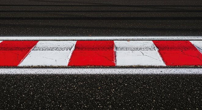 A sharp close up view of a vibrant red and white striped rumble strip on a professional motor racing circuit with dark asphalt texture, sport, asphalt, macro