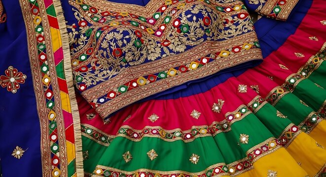 Colorful Indian traditional lehenga choli dress with mirror work embroidery