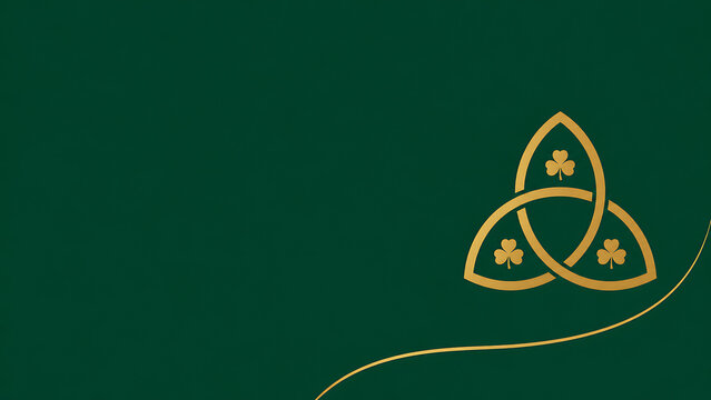 Golden Trinity Knot with Shamrock Flourish on Deep Green Background - Celtic Elegance