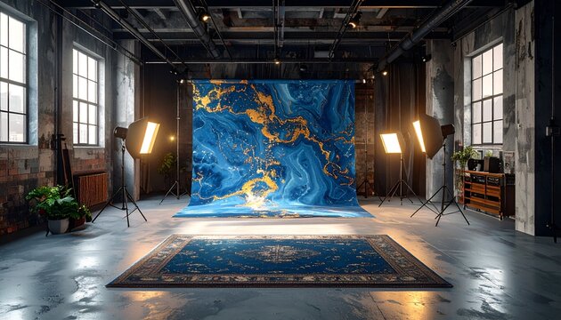 Photography studio with blue/gold backdrop, lights, brick, rug, and windows