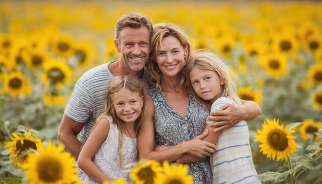 Family group hug in blooming sunflower field, wide cheerful composition, vivid yellow tones, authentic happiness