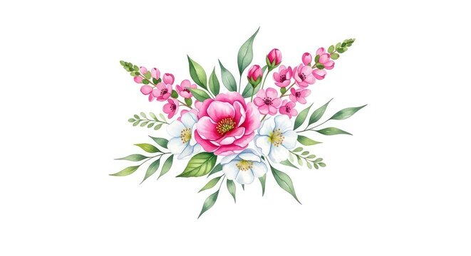 A stunning watercolor painting of a delicate floral bouquet with vibrant pink and soft white blossoms, elegant greenery, and light washes, art, grace, paper
