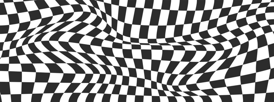 Psychedelic black grid wavy pattern. Warped chessboard background. Distorted checkerboard wallpaper. Vector illustration