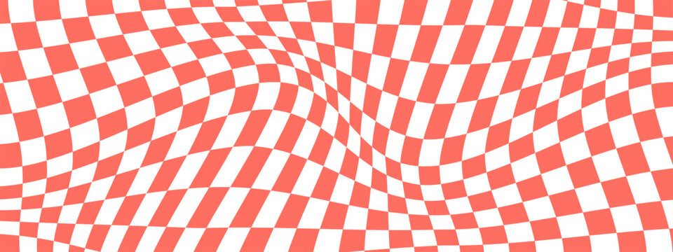 Psychedelic red grid wavy pattern. Warped checkerboard wallpaper. Distorted chessboard background. Vector illustration