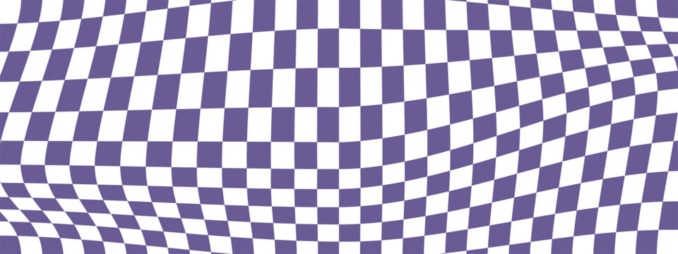 Distorted purple grid wavy pattern. Warped violet and white chessboard background. Psychedelic checkerboard wallpaper. Vector illustration