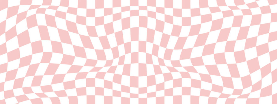 Distorted pink grid wavy pattern. Psychedelic chessboard background. Warped checkerboard wallpaper. Vector illustration