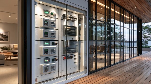 Architectural lighting control enclosure in a modern building featuring compact dimmer boxes and relays managing dynamic indoor and outdoor illumination.