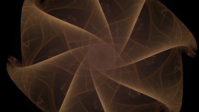 Abstract symmetrical fractal pattern in warm brown and orange tones forms intricate flowing swirling shapes with layered ethereal lines on dark background.