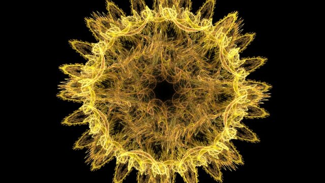 Intricate symmetrical fractal starburst in glowing yellow and orange tones with delicate flowing lines forms complex mandala pattern on black background.
