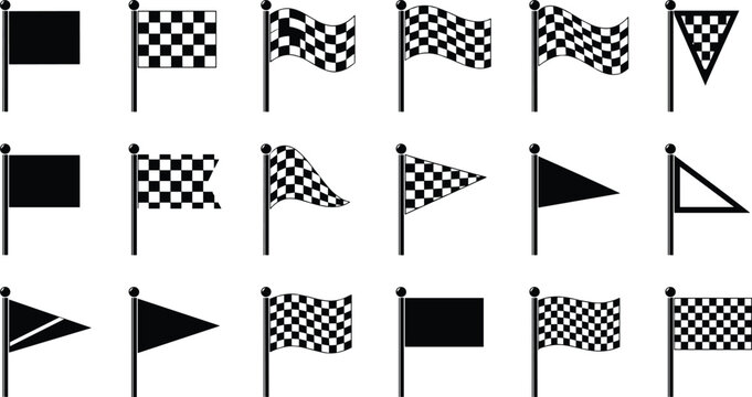 Black and white racing flags vector collection with checkered banners and triangular signal pennant designs
