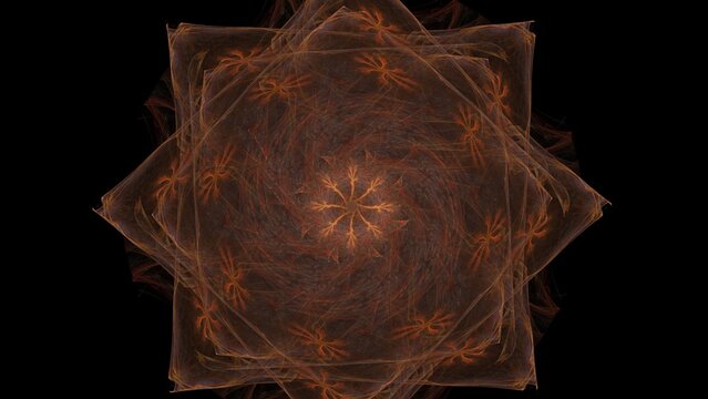 Intricate symmetrical fractal in glowing orange and brown tones forms complex layered star-like pattern with delicate flowing ethereal lines on black background.