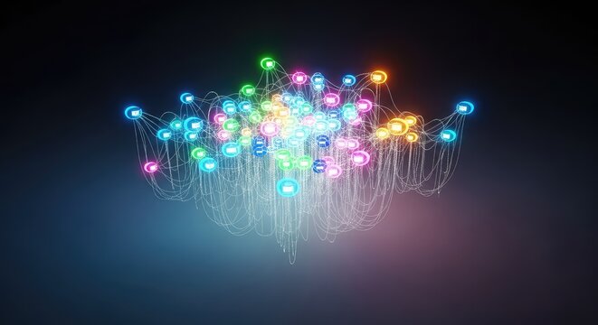 An intricate three-dimensional digital array of glowing neon nodes and flowing light streams forming a vibrant futuristic data structure, futuristic, telecommunications, geometric
