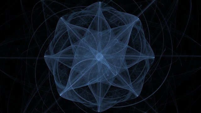 Intricate symmetrical blue fractal star with delicate flowing ethereal lines and layered geometric patterns forms complex mandala shape on solid black background.