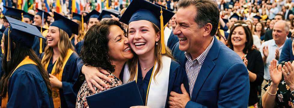 Happy graduate woman hugging parents at university ceremony. Proud mother and father celebrating daughter academic achievement. Banner with copy space