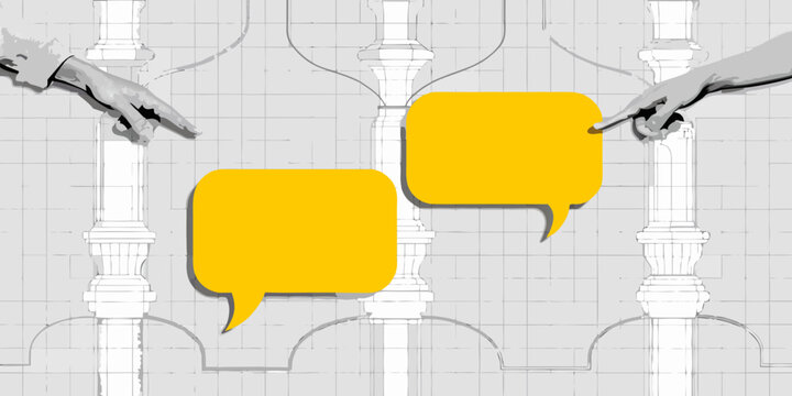 dialogue bubble collage with hands and architectural columns