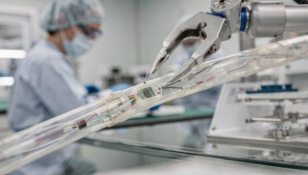 Closeup of advanced catheter manufacturing process inside a contaminationcontrolled cleanroom focusing on embedding temperaturesensitive microsensors.