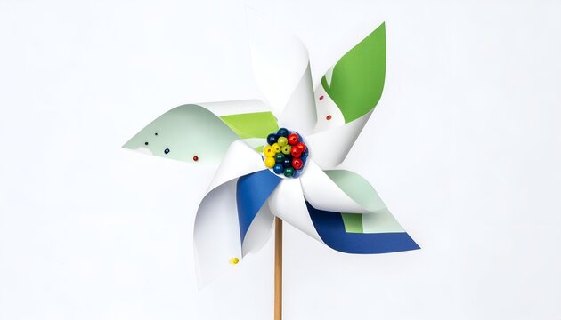 Colorful pinwheel with mixed-color beads as the center on white background