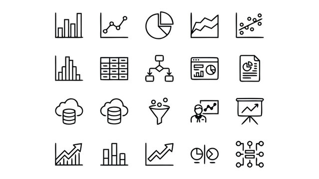 Set of 20 Data Visualization Line Icons for Business Analytics, Featuring Bar Charts, Line Graphs, Pie Charts, Area Charts, Scatter Plots, Histograms, Flowcharts, Dashboards, and Growth Trends.