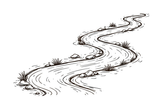 Hand-drawn winding river or stream ink illustration, rustic black line art of a flowing creek with rocks and grass tufts, vintage style vector for travel maps, nature landscape design element.