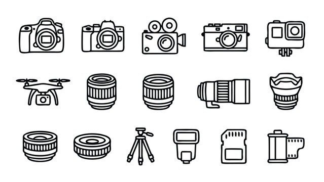 Comprehensive Collection of Photography and Videography Line Icons Including DSLR, Mirrorless, Movie, and Action Cameras, Drones, Various Lenses, Tripods, Flash, Memory Cards, and Film Rolls Vector