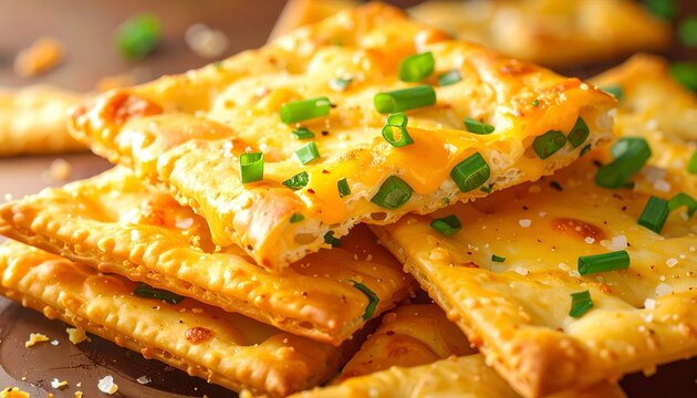 Stacked cheesy flatbreads with scallions, golden brown crusts, shallow depth