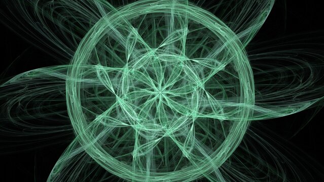 Intricate symmetrical green fractal forms glowing star-like mandala with delicate flowing ethereal lines and swirling patterns on solid black background.