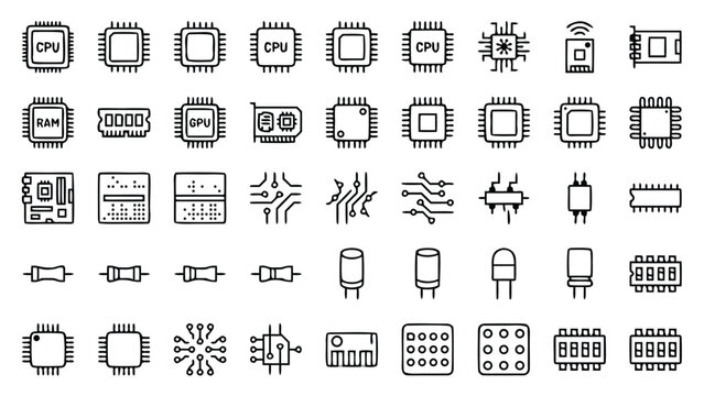 Comprehensive Collection of Electronic Component Line Icons Featuring Microchips, CPU, GPU, RAM, Circuit Boards, Resistors, and Capacitors in a Minimalist Vector Style for Tech Design.